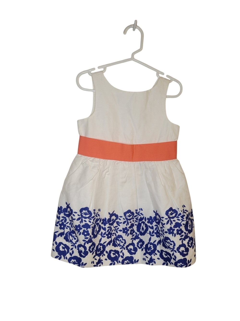 Janie and Jack White Dress with Blue Floral Border and Coral Waistband
